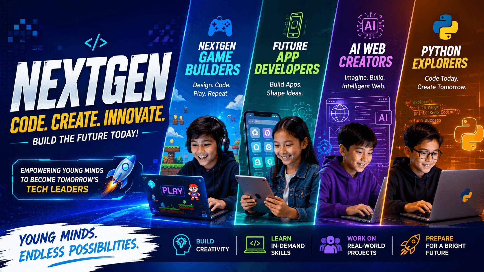 NextGen Game Builders, Future App Developers, AI Web Creators, Python Explorers